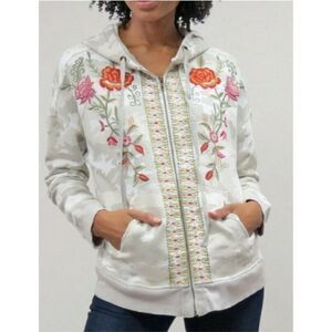 Anthropologie Caite Floral Embroidered Hoodie Full Zip Up Jacket Camo M Boho